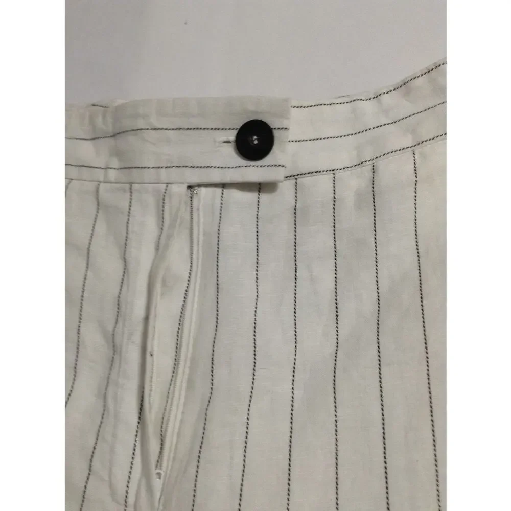 ZARA White Pinstripe Linen Blend Pants Women XL Wide Straight Leg Resort Beach